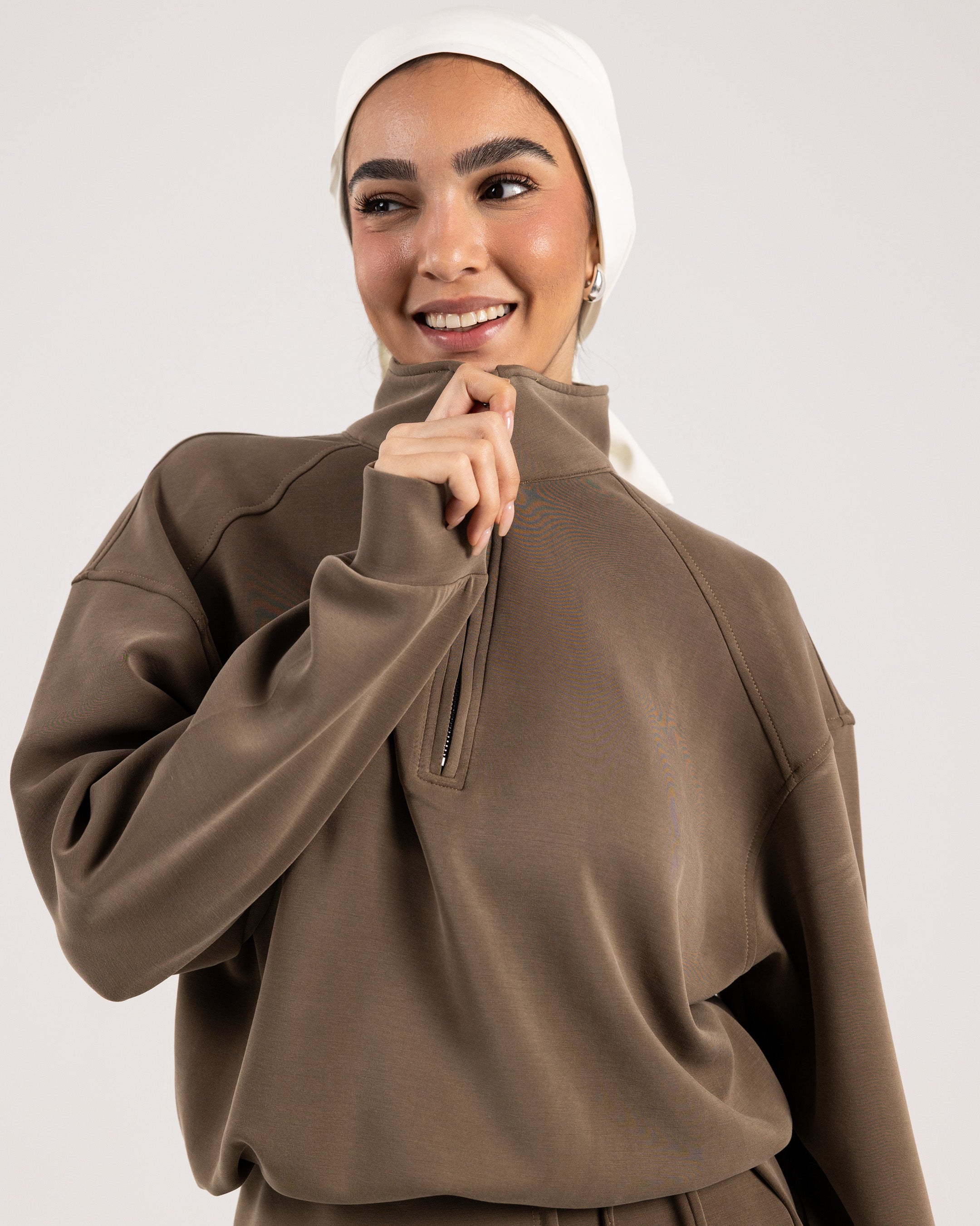 Adjustable Half-Zip Sweatshirt - Saddle Brown